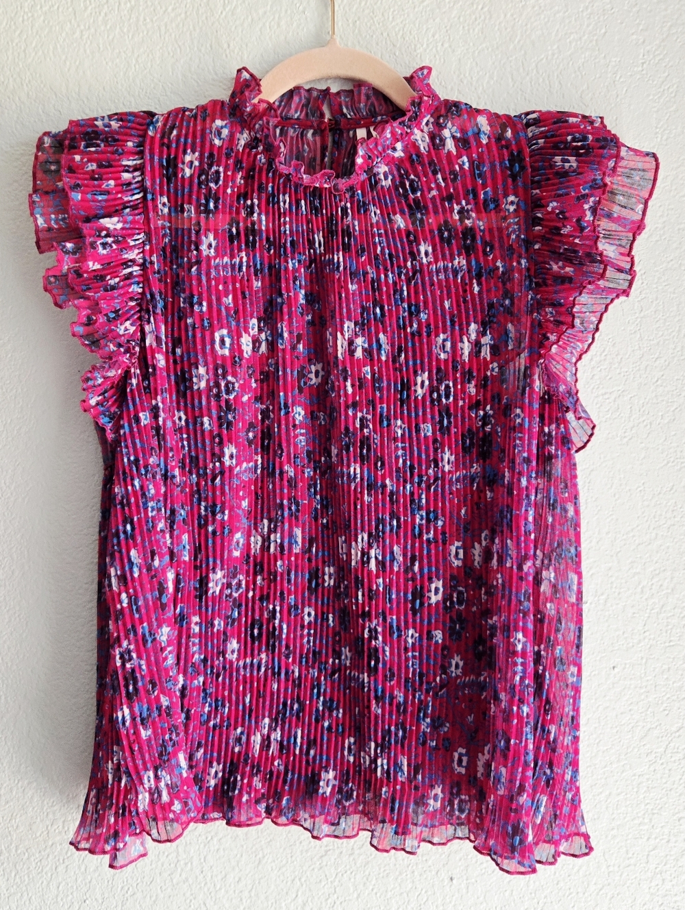 Anthropologie Frieda Floral Chiffon Pleated Ruffled Blouse Sheer Magenta Small